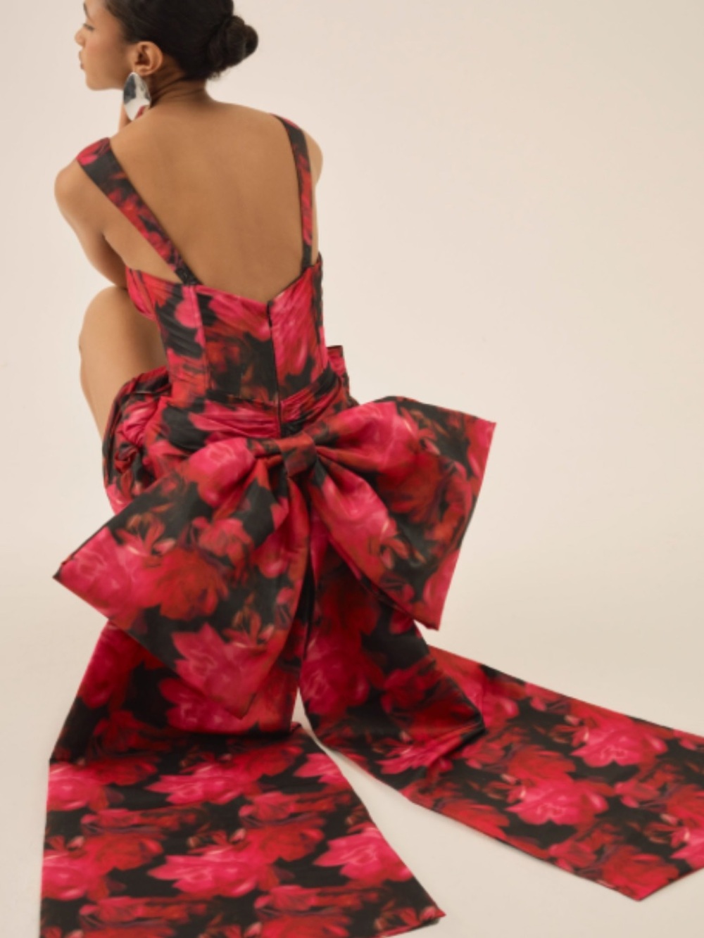 Dark romance Floral Satin Bow-Back Evening Dress in Pink and Black